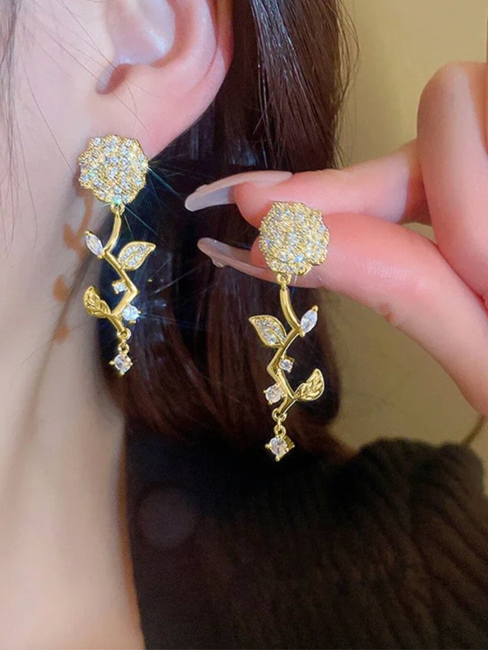 18k Yellow Gold Diamond Flower Drop Earrings Dangle Earrings Rose Earrings